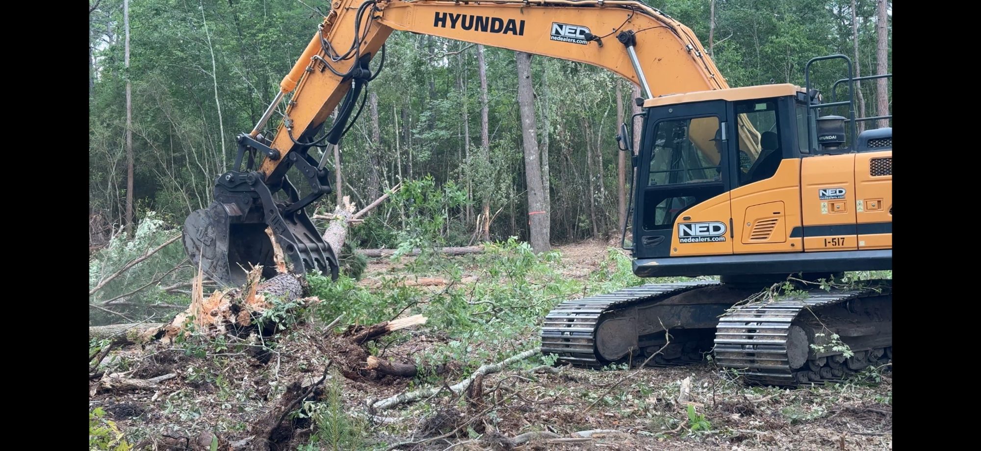 Excavator lifting a stump out of cleared ground