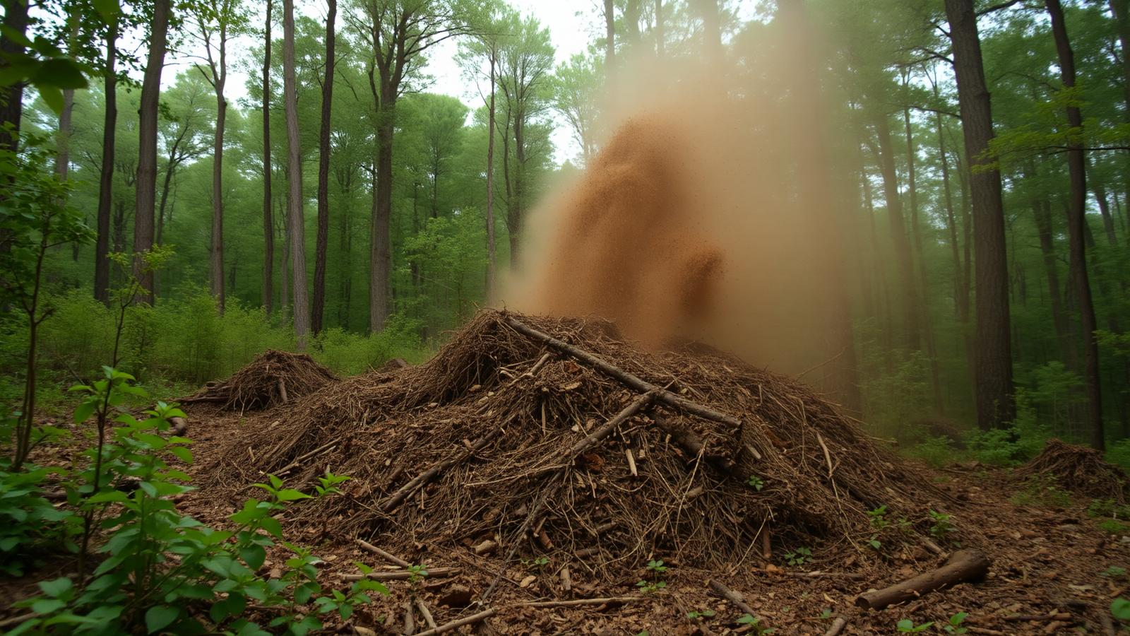 Mulching machine working a dense treeline with dust and mulch in the air